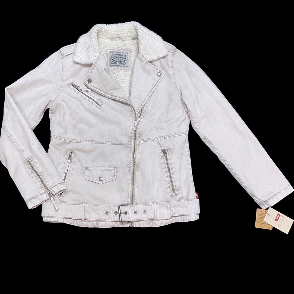 Levis Strauss Jacket Women Small Beige Long‎ Sleeve Moto Zip Sherpa NWT $225